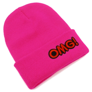 Detailed embroidery of OMG! patch on a vibrant hot pink ribbed knit beanie hat