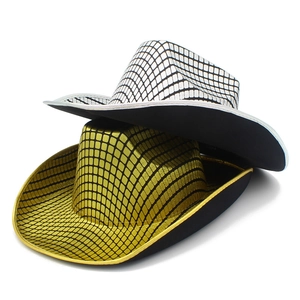 Detail of gold and silver checkered western cowboy hats for stage performance