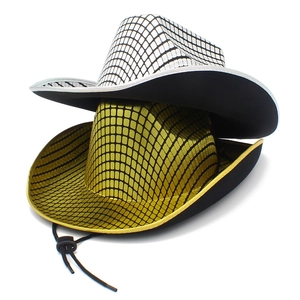 Detail of metallic gold and silver cowboy hats with grid texture and adjustable chin straps