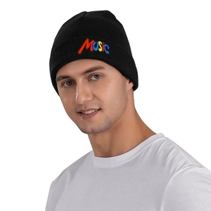 Black knit beanie with colorful Music embroidery for men and women in hip-hop style