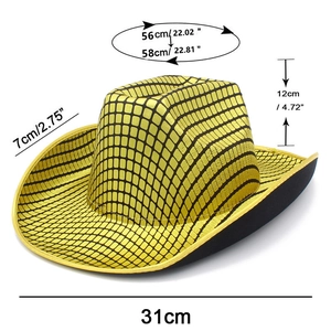 Close-up of gold checkered cowboy hat with specific size measurements and dimensions