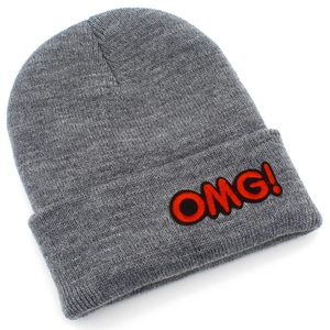 Gray knitted beanie hat featuring a red OMG! embroidered patch for winter warmth