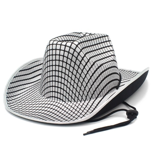 Silver and black grid cowboy hat with adjustable chin strap for party costumes