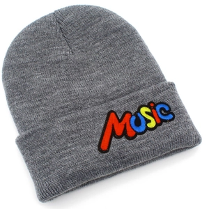 Detail of grey knitted beanie featuring colorful Music embroidery on the folded cuff