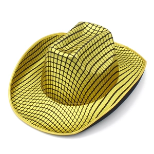 Metallic gold checkered cowboy hat with shiny grid pattern for parties and stage shows