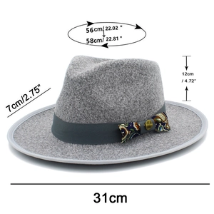 Gray wool jazz fedora hat showing detailed dimensions like 56-58cm head circumference