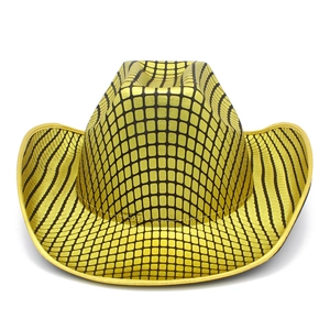 Classic Western cowboy hat with golden metallic grid pattern and wide curved brim for parties