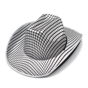 Close-up of disco style silver glitter cowboy hat with metallic grid texture and trim
