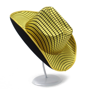 Fashionable gold and black checkered cowboy hat with shiny metallic sequin finish