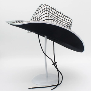 Detailed side view of silver disco cowboy hat with sparkling metallic grid and black chin strap