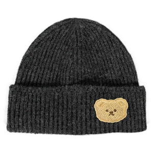 Dark grey knitted beanie with cute bear patch and ribbed cuff for autumn and winter warmth
