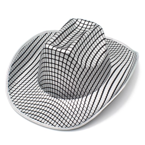 Detail view of the metallic disco cowboy hat with black grid pattern and curved brim