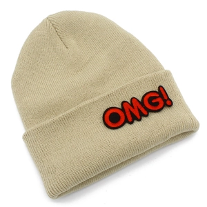Fashionable beige knitted beanie hat with red OMG embroidery for warm autumn and winter wear