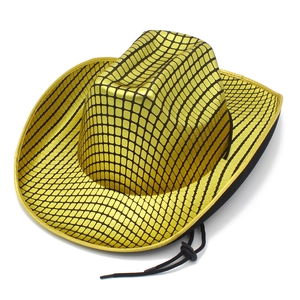 Golden disco cowboy hat with black grid texture and adjustable chin strap on white background
