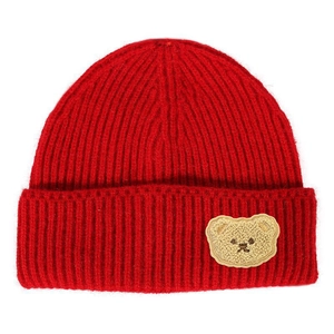 Red ribbed knit beanie featuring a cute plush teddy bear patch for women and men