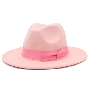 Classic pink felt jazz hat with wide brim and a decorative deep pink ribbon bow