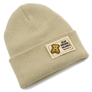 Bonnet en maille beige avec écusson d'ours, chapeau d'hiver chaud pour hommes et femmes