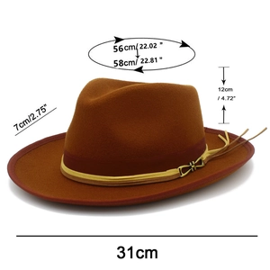 Detail view of brown wool fedora hat with dimensions showing 7cm brim and 12cm crown height