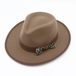 Vintage Wool Felt Fedora Hat For Women Wide Brim Jazz Hat With Paisley Bow Metal Button Autumn Winter Warm Elegant Hat