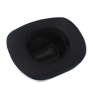 Detail view of the black western cowboy hat featuring white contrast binding and inner sweatband