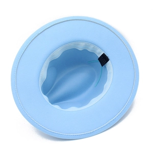 Detail view of sky blue wool felt fedora showing inner sweatband and adjustable string