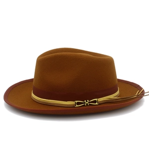 Detailed view of caramel wool fedora with decorative leather bands and gold metal hardware