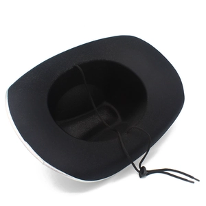 Detail of black cowboy hat featuring silver trim edging and adjustable drawstring cord