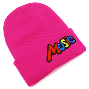 Detail of hot pink ribbed knit beanie with colorful MUSIC embroidery and fine texture