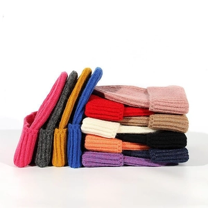 Detailed view of knitted beanie hats in multiple colors featuring ribbed texture