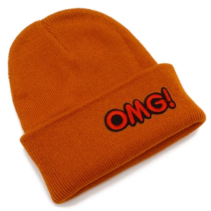 Orange ribbed knit beanie with OMG! embroidery patch on a flat white background
