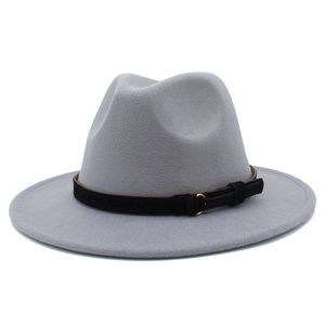 Classic light grey wool fedora hat with a flat wide brim and a black decorative gold buckle strap