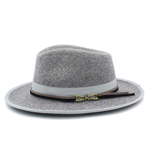 Detail of grey wool fedora featuring layered trim and a golden metal horsebit buckle