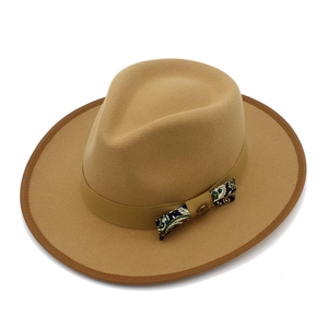 Elegant wool jazz fedora hat with paisley bow and vintage buckle detail in camel brown