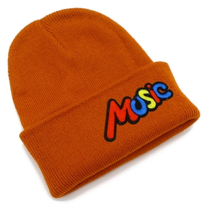 Orange knitted music beanie with colorful embroidered letters for winter hip-hop style