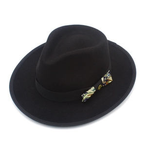 Classic black wool fedora hat for women with paisley bow and golden buckle accessory