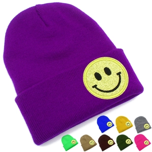 Bonnet Beanie en Tricot Acrylique Hiver Chaud Côtelé Avec Patch Smile Face Pailleté Pour Femmes Hommes Quotidien Extérieur