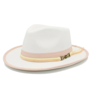 Detail of white wool fedora hat with pink ribbon, decorative ropes, and metal buckle