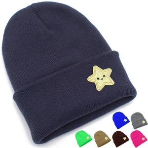 Korean Fashion Winter Warm Knit Beanie Hat Smiley Star Patch Sequin Embroidery Soft Slouchy Skull Cap For Women Men