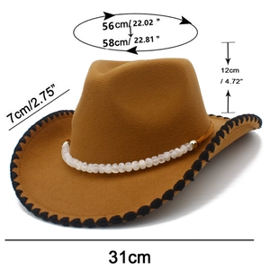 Detailed size chart for brown western cowboy felt hat with white bead chain decor