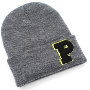 Dark grey knitted beanie with P letter embroidery and windproof winter thermal protection