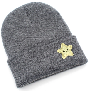 Grey knitted beanie featuring a yellow star patch for winter warmth and wind protection