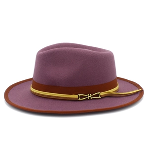 Detail of wool fedora with brown satin band, gold string and butterfly metal buckle