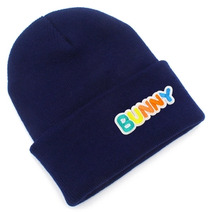 Detailed close-up of navy knit beanie featuring colorful embroidered Bunny lettering