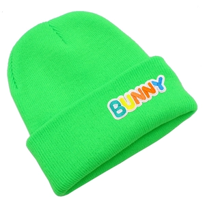 Detail of neon green ribbed knit beanie featuring multi-color BUNNY letter embroidery