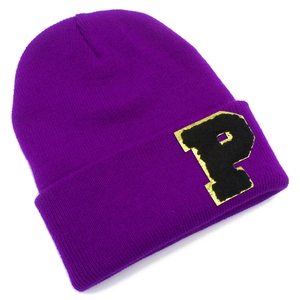 Purple knit beanie with letter P patch, stylish warm winter hat for outdoor protection