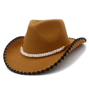 Brown western cowboy felt hat featuring bead chain trim and black stitched brim edge