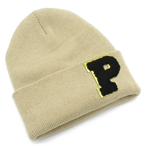 Detail of beige ribbed knit beanie featuring a fuzzy black and yellow letter P patch