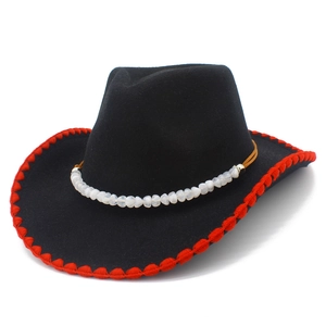 Western Cowboy Fedora Hat For Women Men Wide Brim Felt Hat With Bead Chain Scalloped Edge Ethnic Style Sunshade Jazz Hat