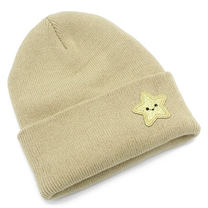Beanie hat with star embroidery in khaki knitted fabric for winter outdoor warmth