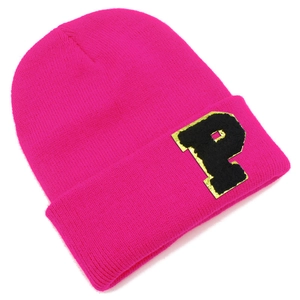 Rose red knitted beanie with letter P patch, stylish warm winter hat for outdoors